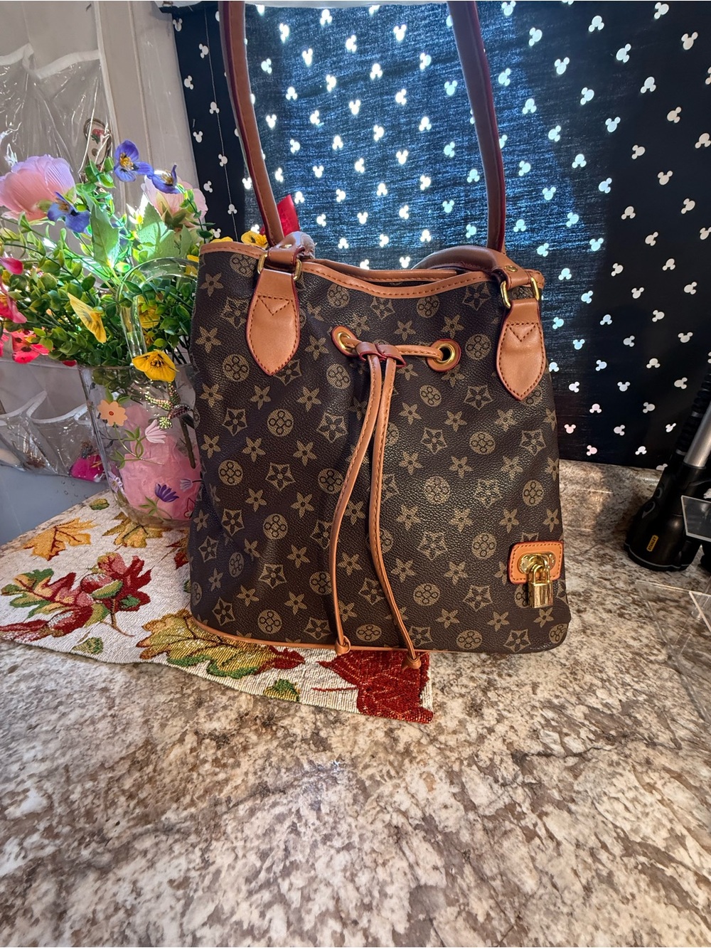 Brown Monogram Bucket Shoulder Bag with Tan Trim